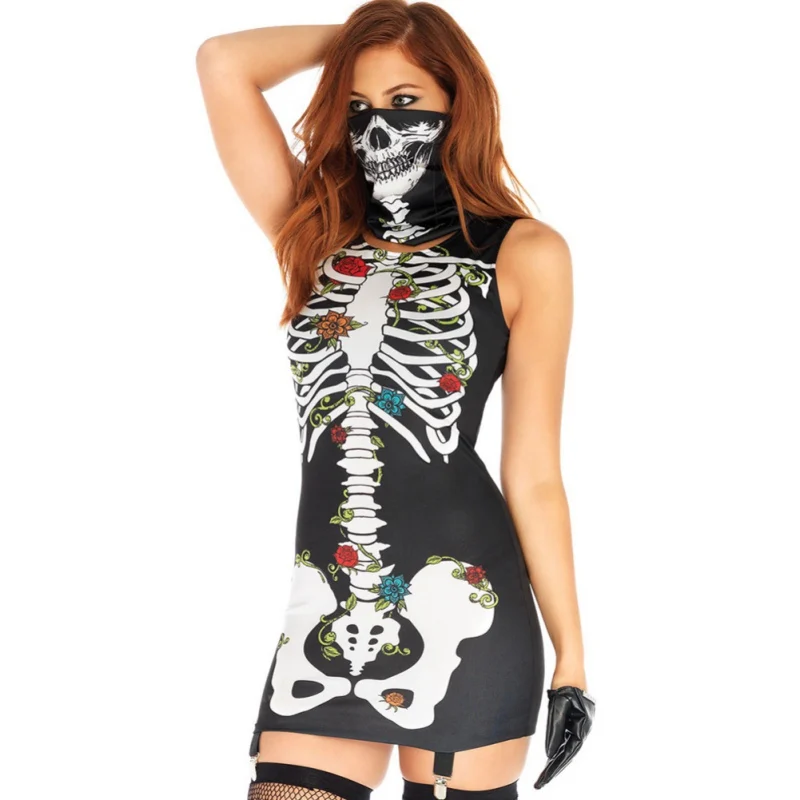 

Women Halloween Print Dress Sleeveless Dress Horror Mask Bones Print Skirt Vest Mini Dress