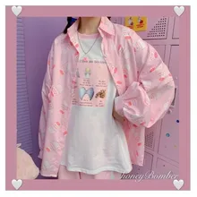 

Deeptown Kawaii Blouse Women Korean Style Fashion Print Button Up Shirt Kpop Spring 2021 Long Sleeve Cute Top Loose Women Shirts