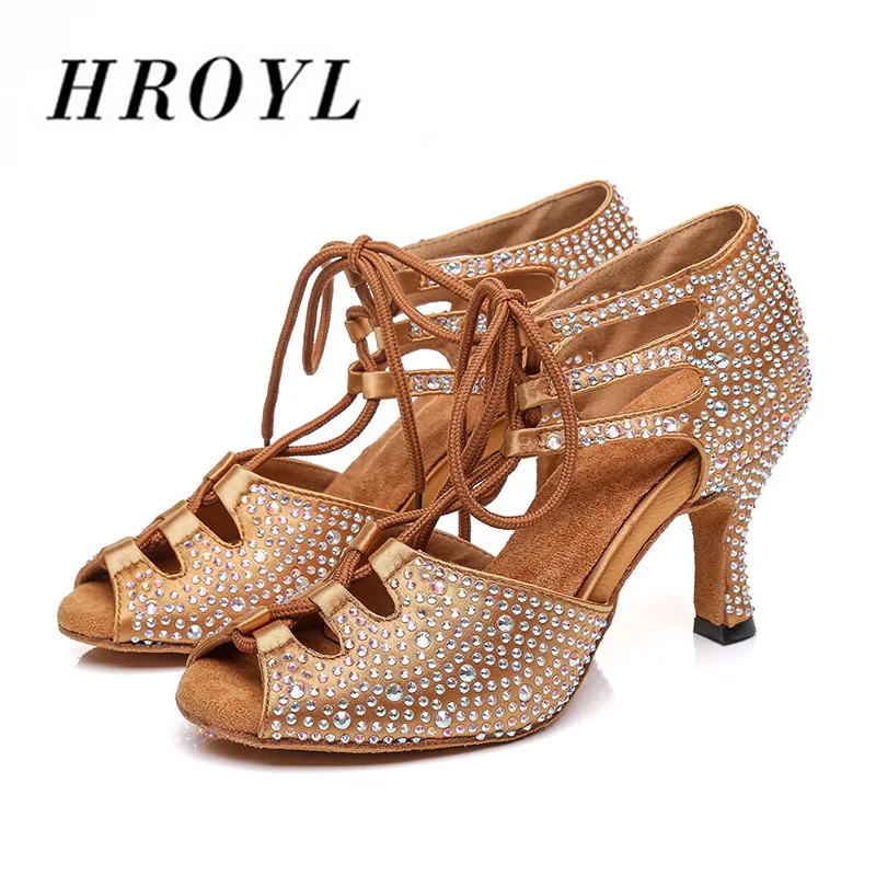 

New HROYL Fashion Strip latin dance shoes for women High heels Rhinestone ballroom dance shoes sexy Hollow suede comfortable