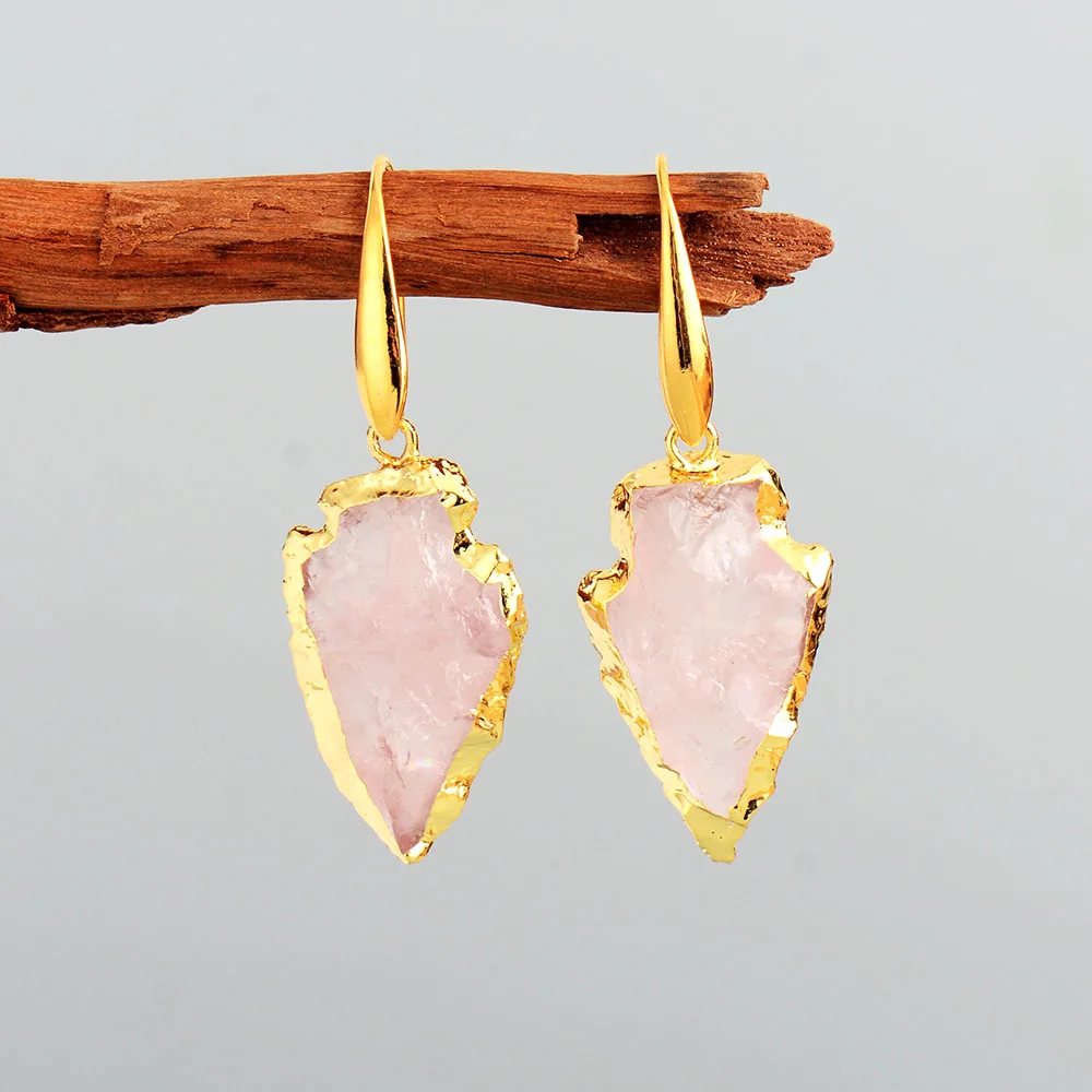Natural Stone Earrings for Women Gold Tone Arrowhead Rose Quartzs Drop Earring Elegant Jewelry Femme Bijoux Dropship