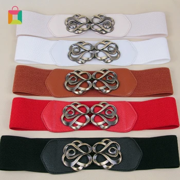 

Female retro hollow buckle belt wild wide elastic buckle belt skirt accessories temperament red white Glittery