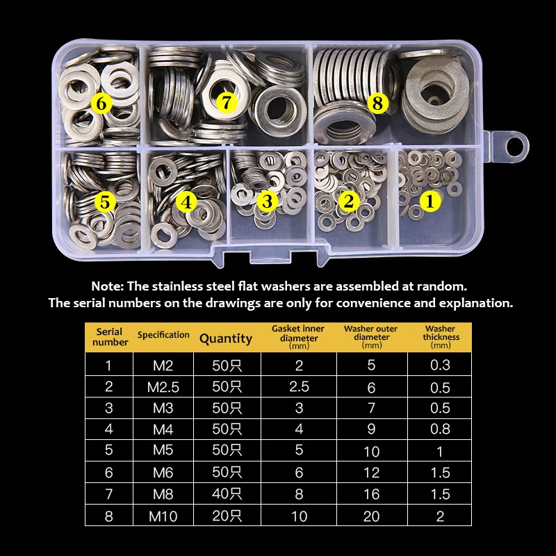 360 шт набор плоских шайб из нержавеющей стали M2 M2.5 M3 M4 M5 M6 M8 M10 с коробкой с устойчивостью к истиранию