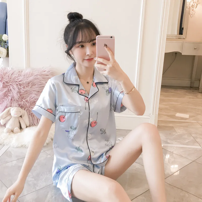 

802-6 # Summer New Style Pajamas Women's Fold-down Collar Cartoon Fruit Apple Pajamas Short Sleeve Shorts Two-Piece Set