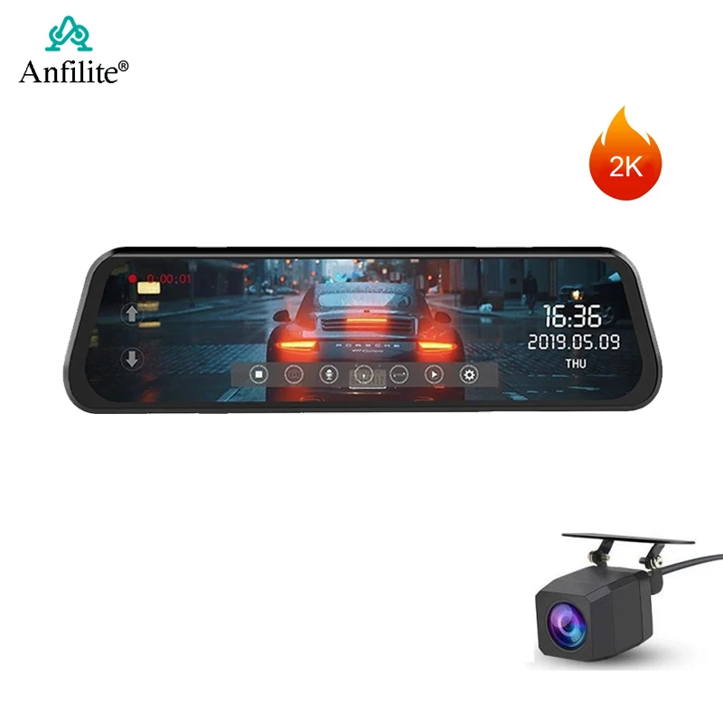 Anfilite 10 ''ips поток медиа зеркало заднего вида 2K IMX335 DSM Cam 1440P ночное видение двойной объектив видео рекордер автомобильный видеорегистратор - Название цвета: Черный