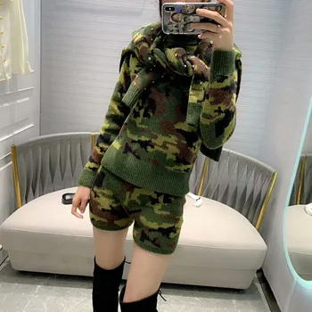 

2019 Early Autumn Women's New Fashion British Style Camouflage Shirt Shorts Wool Sweater Suit Free Shipping Worldwide