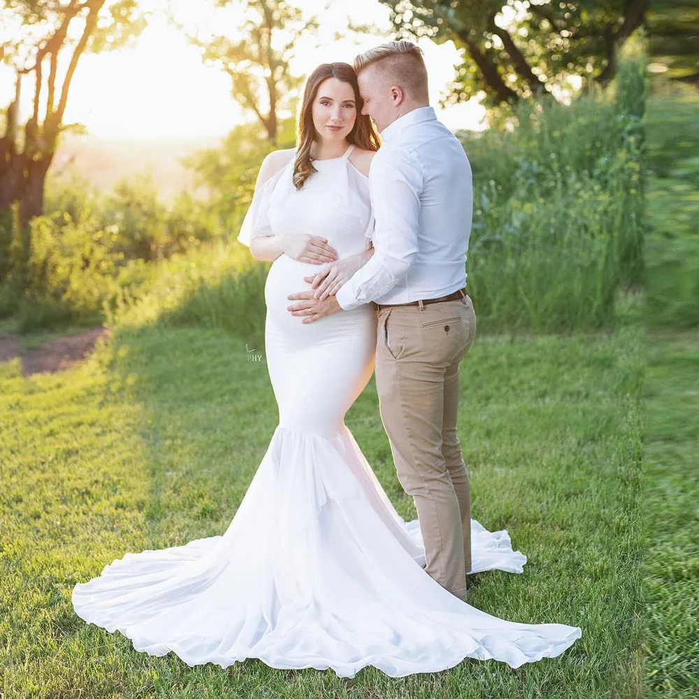 Vetement Femme, женское платье для беременных, платье для беременных, для фотосессии, с оборками, с открытыми плечами, однотонное платье для фотосессии - Цвет: White