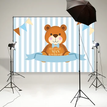 

Cute teddy bear Birthday background little man photography backdrop baby shower dessert table banner poster blue stripes B-841