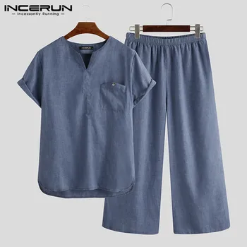 

INCERUN Summer Casual Men Sets Solid Color V Neck 2020 Loose Short Sleeve T-shirt Breathable Pants Vintage Streetwear Men's Suit