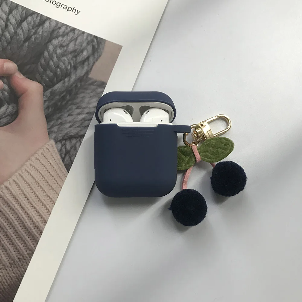 Корейский Вишневый меховой шарик-подвеска для гарнитура для AirPods чехол Bluetooth беспроводной защитный чехол для Apple AirPods чехол cherry Keychian - Цвет: Dark Blue