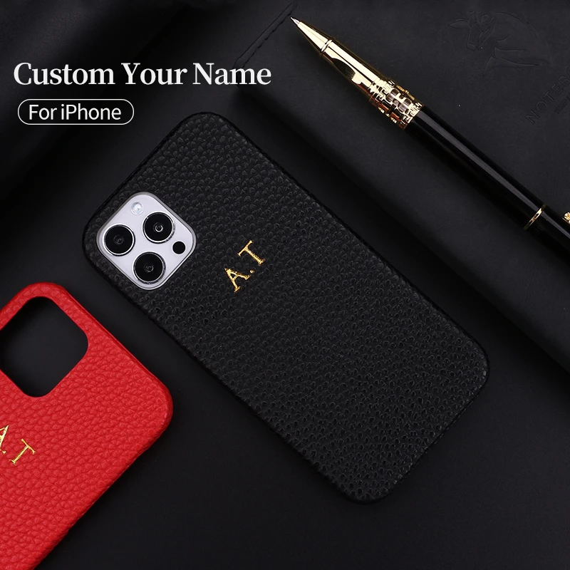 Personalization Custom Initial Name Pebble Grain Leather Phone Cover For iPhone 12 11 13 Pro X XR XS Max 78 Plus DIY  Phone Case 13 pro max case