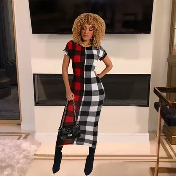 

New Summer 2020 Women Classy Plaid Patchwork Jumper Casual Dress Ladies Sexy O Neck Short Sleeves Office Lady Party long Dress