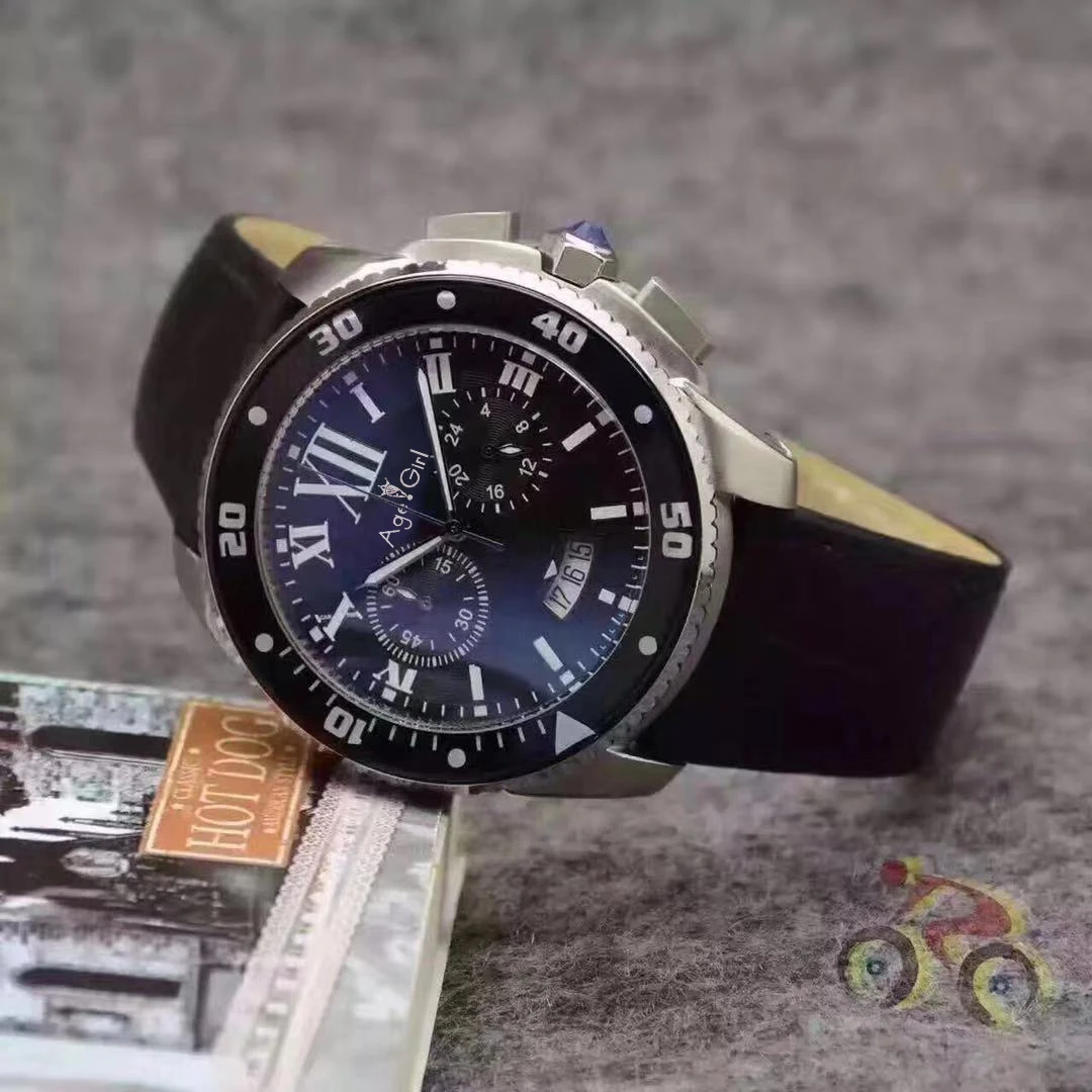 

Luxury Brand New Men Watch Chronograph Stopwatch Stainless Steel Sapphire Blue Ceramic Silver Leather Black Watches Calendar AAA