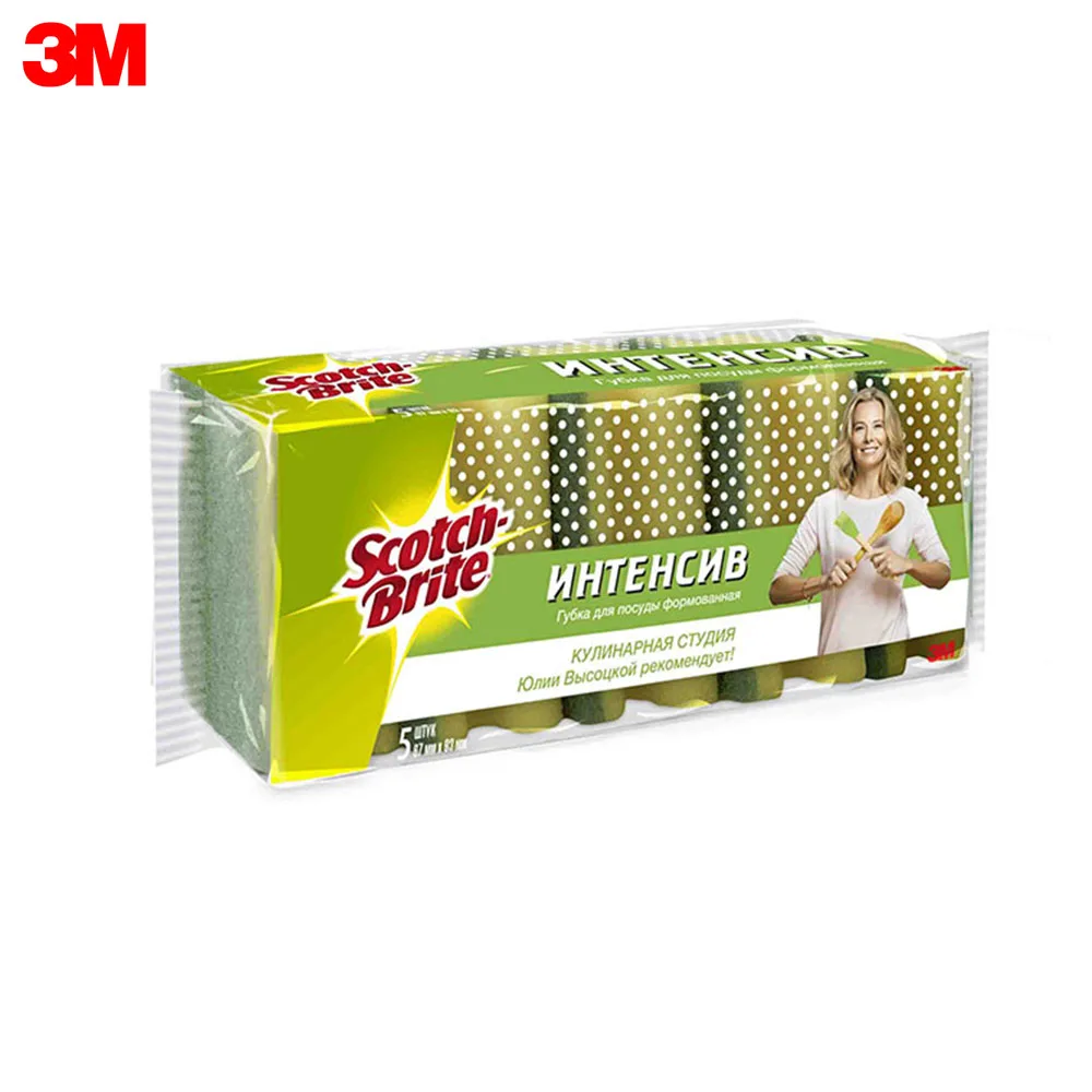 3M Губка Scotch-Brite Интенсив, формованная, для посуды, 67 мм х 93 мм, 5 шт./уп., HD-N-7090-5