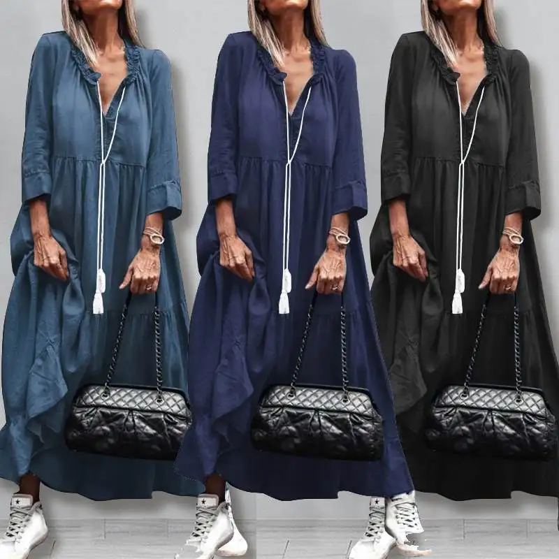 ZANZEA 2020 Casual Long Sleeve Maxi Vestidos Stylish Demin Blue Ruffle Dress Womens Autumn Sundress Female Solid Robe Oversized