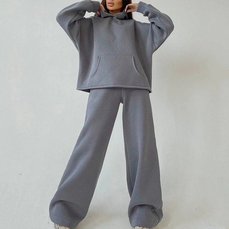 New Autumn Winter Hooded Pocket Sweater Suit Fashion Wide-Leg Pants Two-Piece Women's Clothes Pullovers Long Trousers Sports Set plus size pants suits evening wear