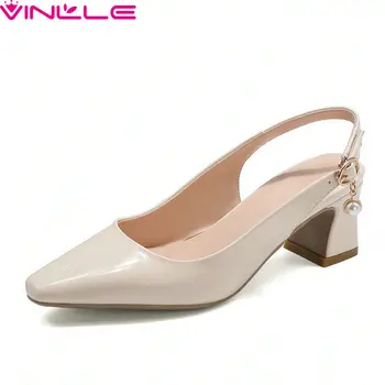 

VINLLE 2020 Back Strap Buckle Summer Ladies Shoes Square High Heel Sandals PU Leather Fashion Slingback Women Pumps Size 34-43