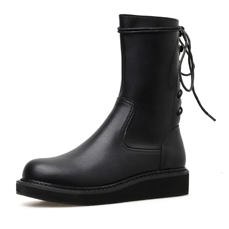 winter retro martin boots women British style flat bottom lace tie mid-calf motorcycle booties side zip riding botas female