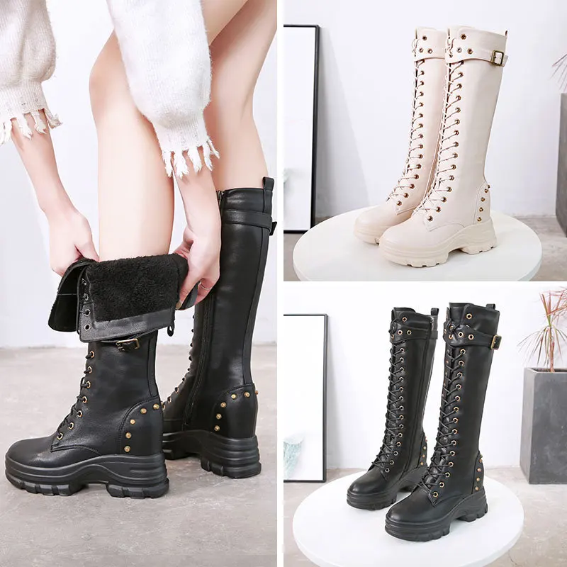 

Autumn And Winter plus Velvet Leather Elevator Martin Boots Women's Thick Bottomed Lace-up Hight-top Slimming Leather Boot Korea