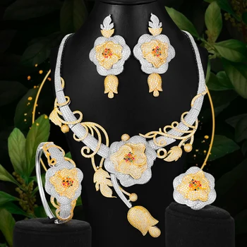 

Soramoore 4PCS Fashion Luxury Flowers Jewelry Sets For Women Wedding African Indian Cubic Zirconia Dubai Bridal Jewelry 2020