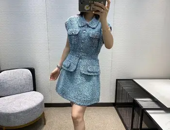 

HIGH QUALITY Newest 2020 Designer Runway Dress Women Turn down Collar Sleeveless Mini Blue Hot Sale Sexy Tweed Dresses