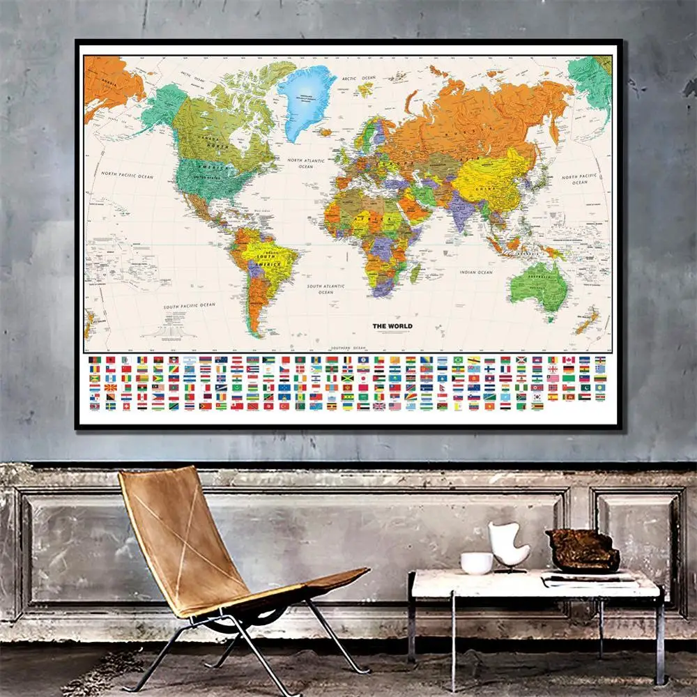 

150x225cm The World Physical Map with National Flag Posters and Prints Wall Art Picture Canvas Painting for Education Home Decor