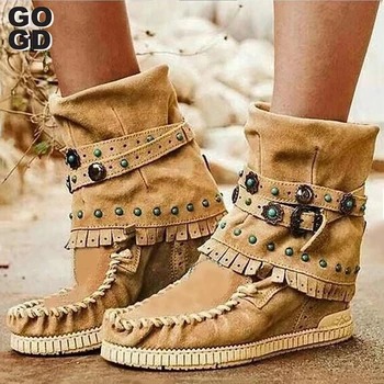 

[GOGD]Women Ankle Short Boots Tassels Round Toe Buckle Strap Boots Ethnic Style Warm Non-slip Boots Shoe For Lady Botas 36-41