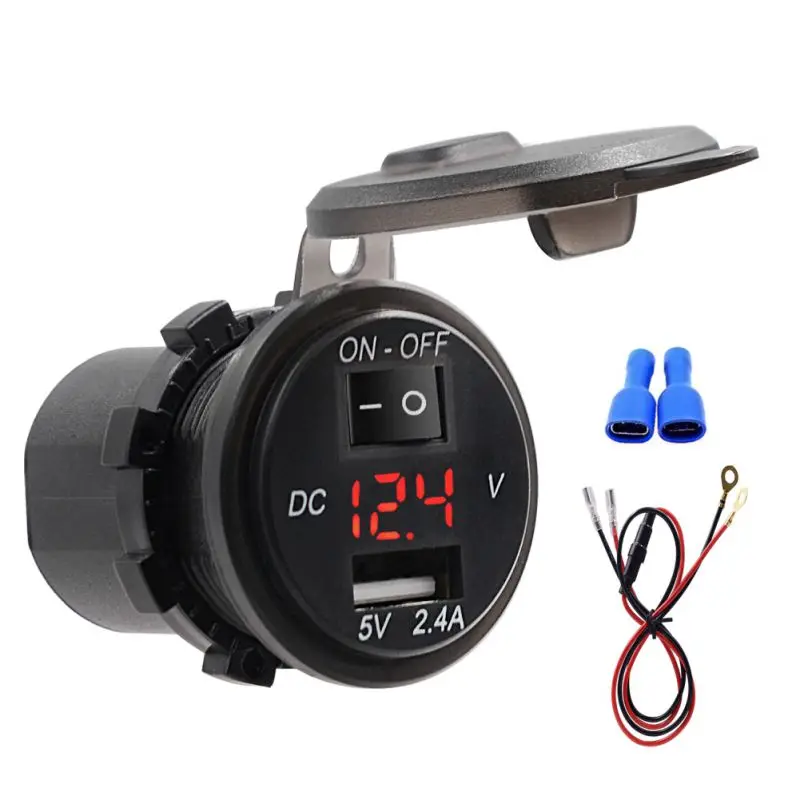 moto switch usb charger Waterproof 2.4A Digital Display Voltmeter 12V-24V car Boat motorcycle charger with 20A Fuse 60cm cable