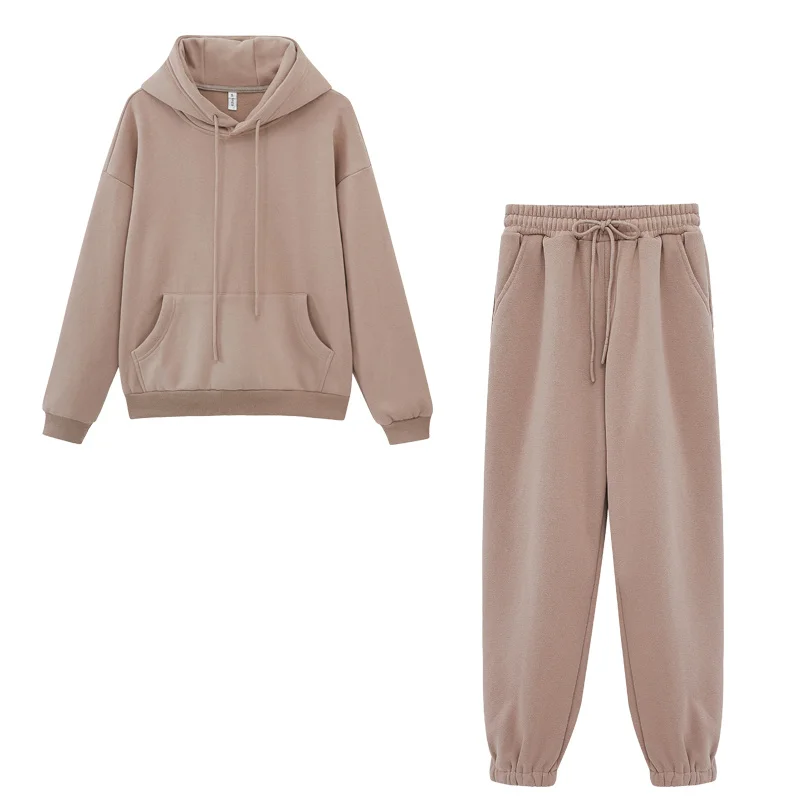 2021 Autumn Winter Fleece Hoodies Two Piece Set Womens Tracksuits Jogger Pants Thick Warm Clothes Solid Color Jacket Suit |