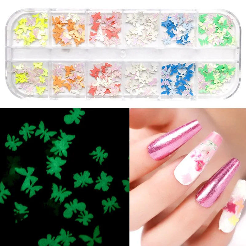 

6 Color Mixed Box Of Luminous Butterfly Nail Sticker Fluorescent Disco Decorating Wood Pulp Nail Paste