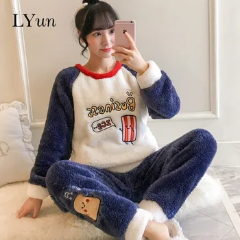 

LY High quality comfortable plush pajamas women autumn and winter thick cute students flannel warm home service suit