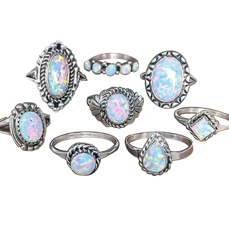 8Pcs/Set Bohemia Tibetan Stone Opal Rings Set for Woman Bijoux Trend Color Flower Ring Vintage Jewelry