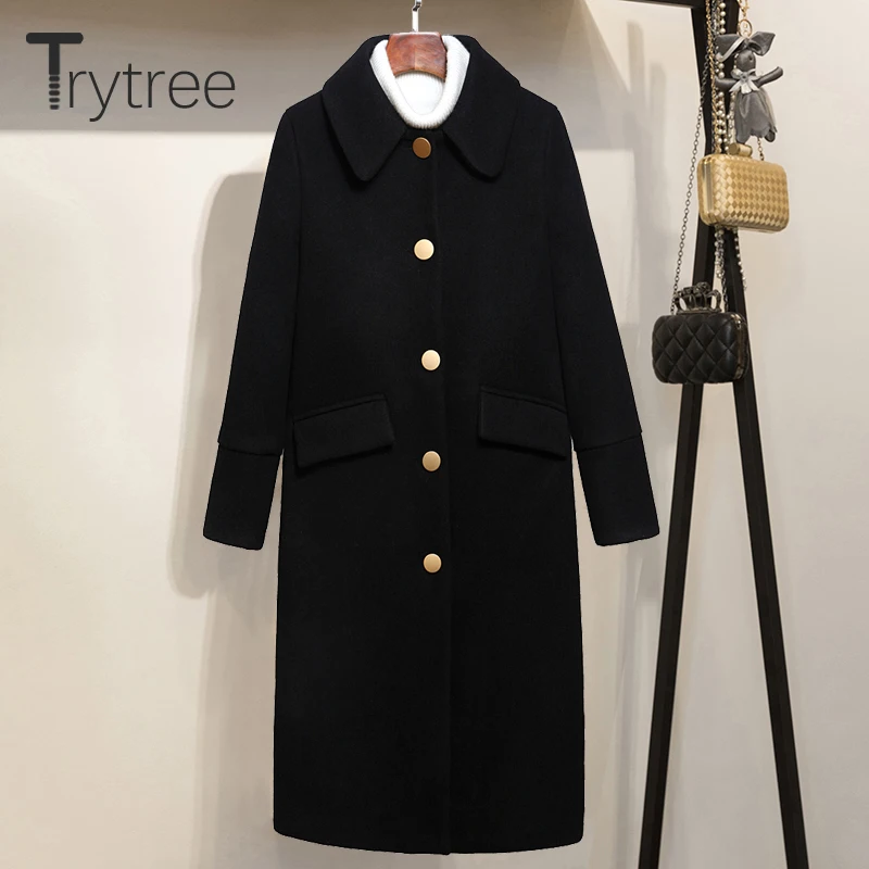 Женское однобортное пальто на пуговицах Ttytree повседневное однотонное черное
