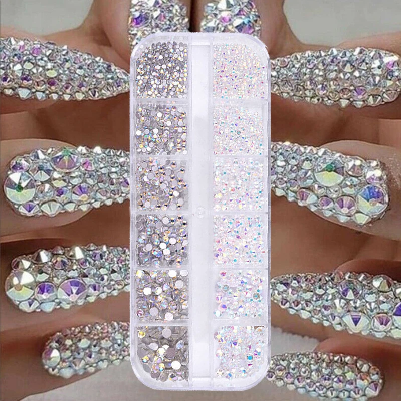 

12 Grids/set Flat-back AB Crystal Nail Rhinestones 3D Glitter Diamond Nail Art Decorations Gems Stones for Manicure Design