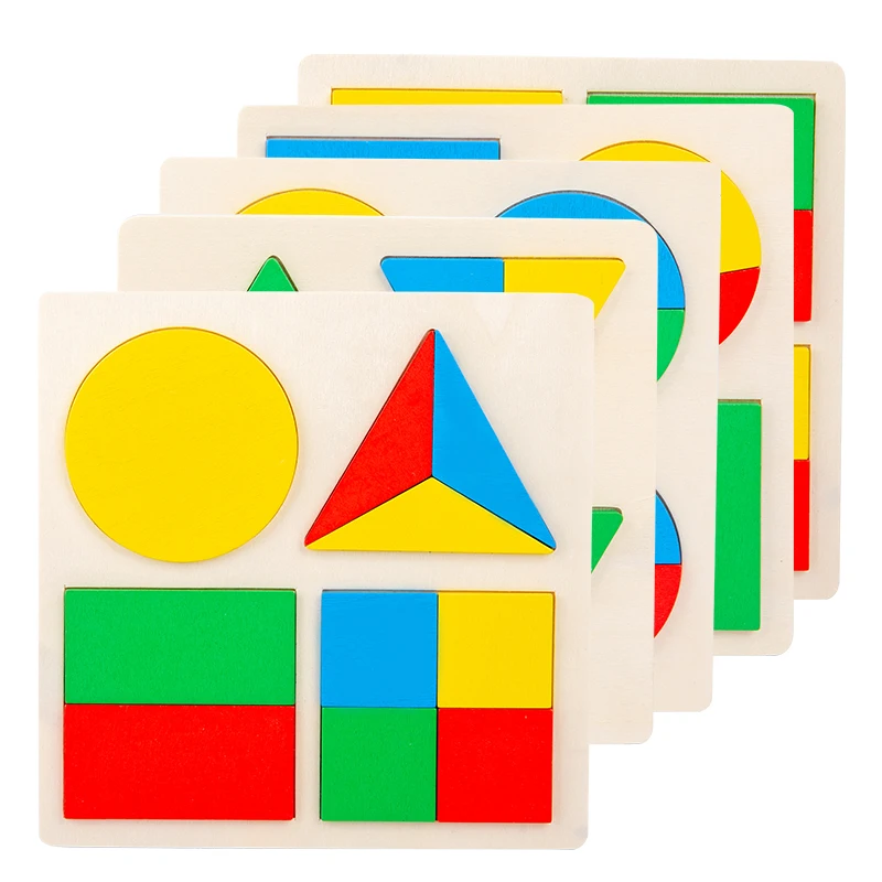 Kids Traction Toy Montessori Wood Geometric Shape Dividing Board Triangle Circle Square Math Toys 5 in 1 Unisex Boys Girls Gift