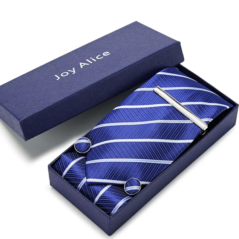 

New Men ties set Extra Long Size 145cm*8cm Necktie Cuffint Handkerchief Tie Clip Set Blue Silk Jacquard Gift Box Wedding Party