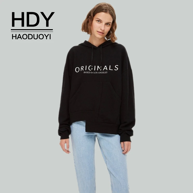 

HDY Haoduoyi New Fashion Simple Casual Simple Womens Hoodies Female Tops Letter Print Pocket Autumn Long Sleeve Sweatshirt