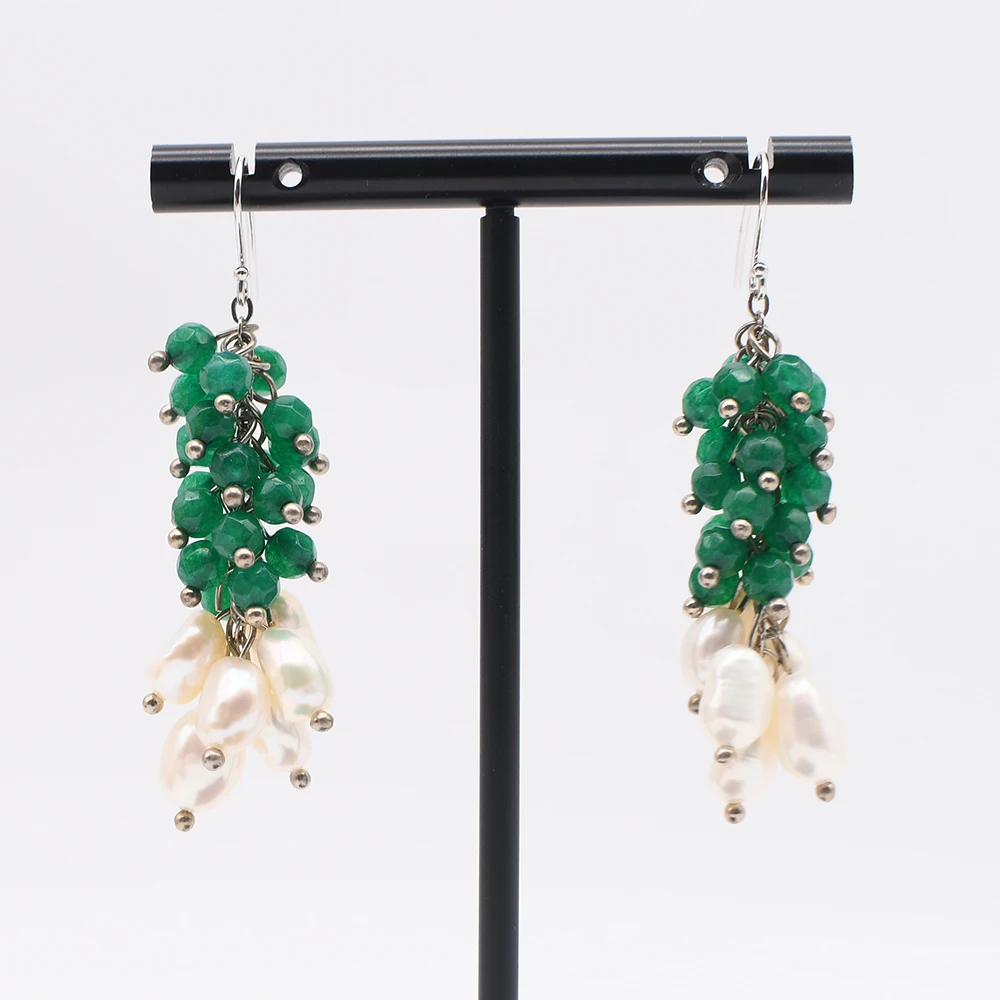 

Cultured White Baroque Pearl Green Jade Hook Earrings