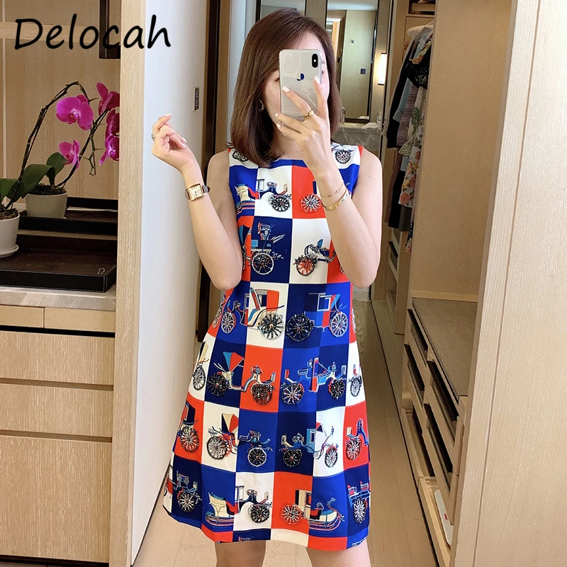 

Delocah Autumn Women Fashion DesignerÂ Party Short Dress Crystal Beading Vintage Printed Sleeveless Ladies ALine Dresses vestidos