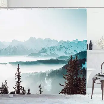 

Shower Curtain Set with Hooks 72x72 Tree Alps Atmospheric Winter Landscape Hoarfrost Low Lying Mist Scenery Glacier White with