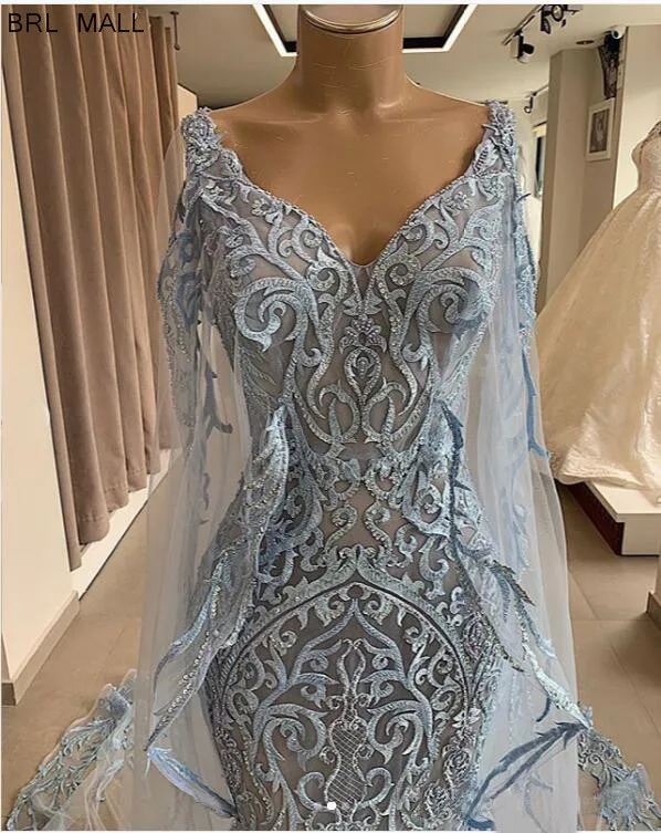 Robes de soireue, синие кружевные вечерние платья русалки с шалью, элегантное вечернее платье с v-образным вырезом, вечерние платья