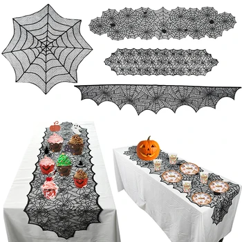 

Halloween Spider Web Table Lace Black Cobweb Tablecloth Fireplace Mantle Scarf Cover Tablecloths Curtain Home Decor Party Supply