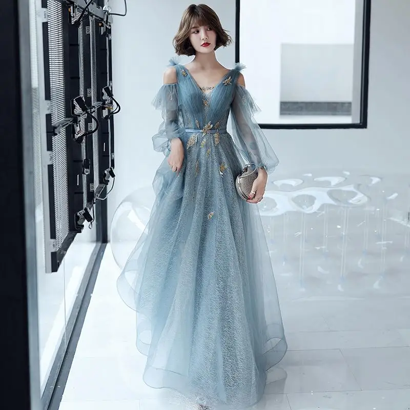 Изысканное блестящее вечернее платье с пайетками, Qipao, сексуальное женское Элегантное Длинное Платье с v-образным вырезом и аппликацией, Robe De Soiree - Цвет: sky blue