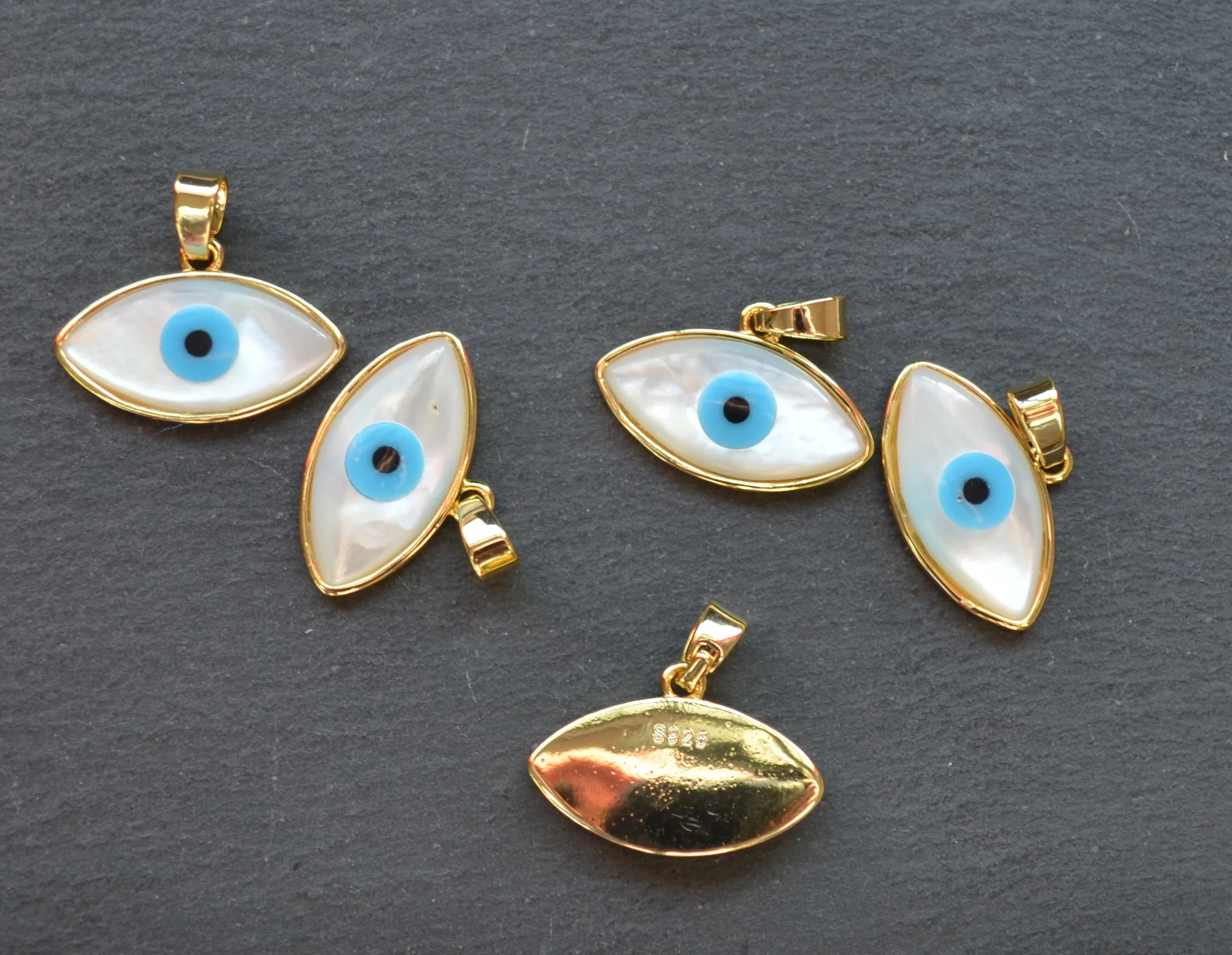 

Nature Pearl shell evil eye shape pendants with Gold Electroplated, small white Pearl charms for jewelry making