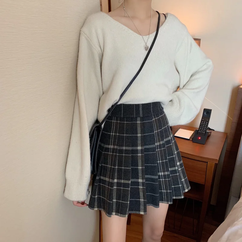black skirt Осенне-зимняя плиссированная юбка с высокой талией, Женская шерстяная клетчатая офисная мини-юбка, модные облегающие короткие юбки Faldas - Цвет: black skirt