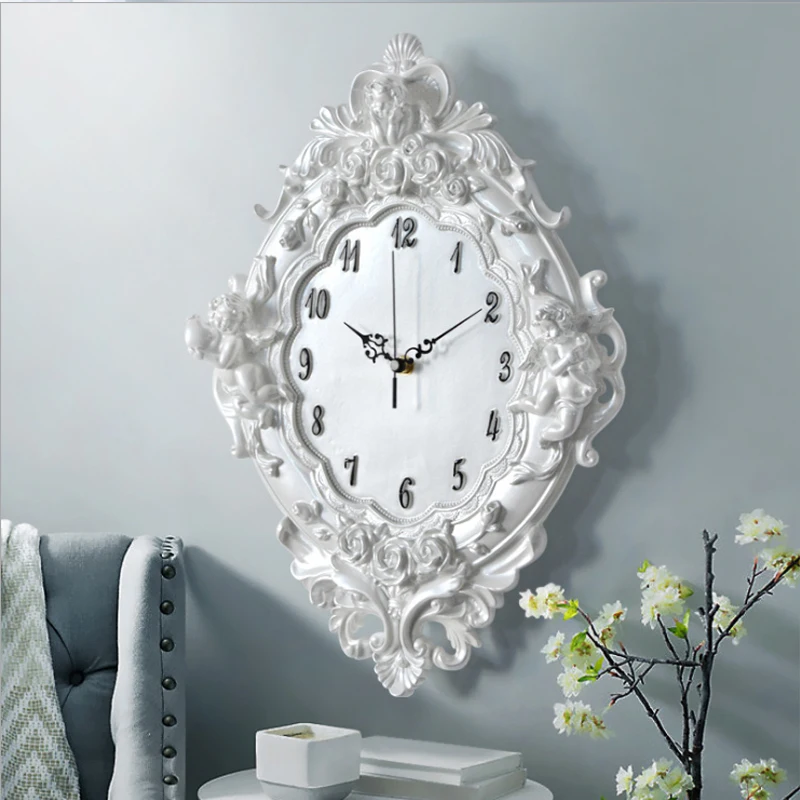 European Angel Wall Clock Resin Rose Flower And Watches Classic For Style Living Room Bedroom