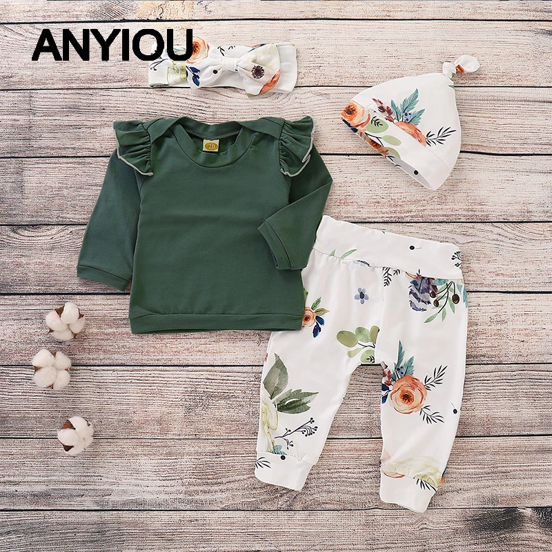 

4Pcs Outfits Set Toddler Baby Girls Clothes Sets Autumn Winter Outfits White Ruffle Tops Floral Pants Headband Kids Clothing