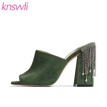 

Rhinestone Fringed Chunky Heels Slippers Women Slides Suede Leather Mules Women Sandals High Heels Summer Runway Shoes Woman