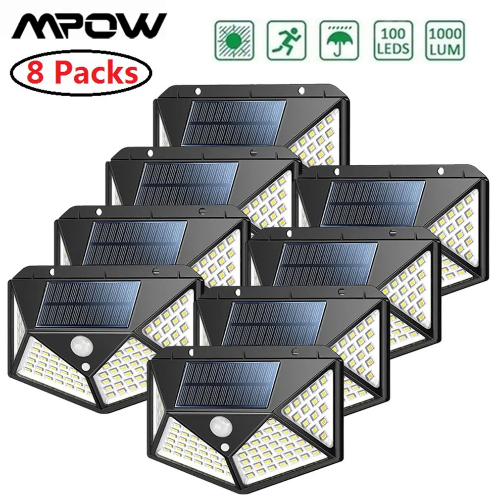 

8Pcs/lot 100LED Outdoor Solar Lights MPOW Motion Sensor Light Super Bright 270° Wide Angle Wireless Waterproof IP65 Wall Lights