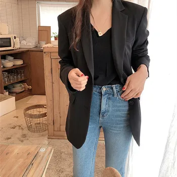 

S-2XL Plus Size Brief Black Casual Ladies Blazers Jacket 2020 Single Breasted Spring Long Korean Formal Woman Blazer Streetwear