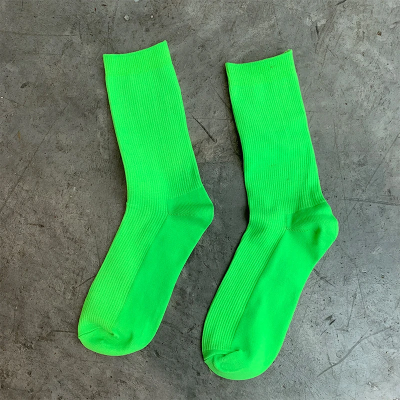 neon green CHAOZHU/высокие носки для девочек в японском и корейском стиле; свободные однотонные носки с двойными спицами; длинные хлопковые носки для женщин - Цвет: neon green